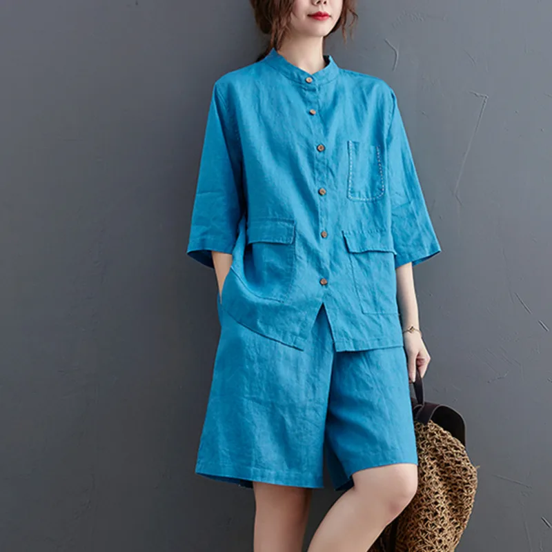 

IEQJ Solid Color Stand Collar Half Sleeve Shirt + Elastic Waist Shorts Casual Two-piece Suit New Loose Women Fashion Summer 2021