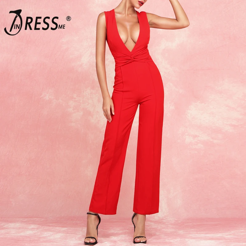 INDRESSME Sexy Plunge Deep V Sleeveless Jumpsuit Waist Bow Ruched Loose Long Wide Pants Women 2019 New Fashion Casual Trousers