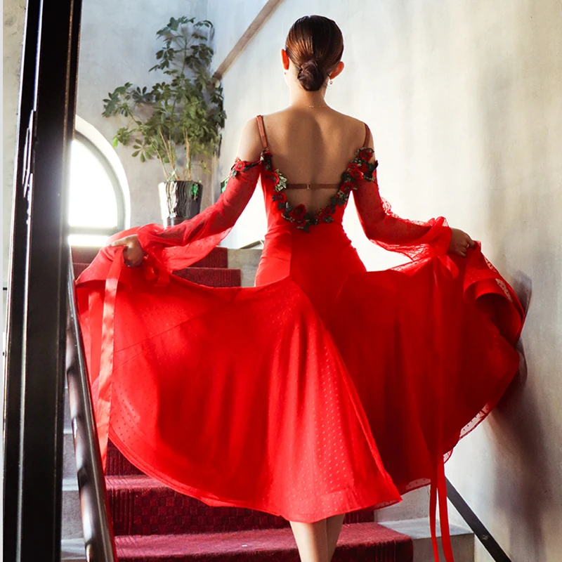 Стандартное бальное платье Венский вальс танцевальные костюмы Красный танго