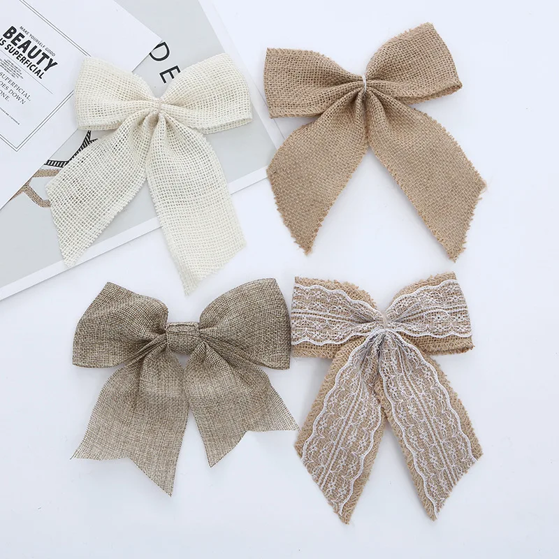 Винтажный белый цветок с бантом из джутовой льняной мешковины праздвечерние