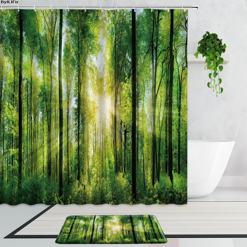 

3D Sunshine Forest Landscape Shower Curtains Summer Green Jungle Natural Scenery Bathroom Curtain Non-Slip Carpet Mat Home Decor