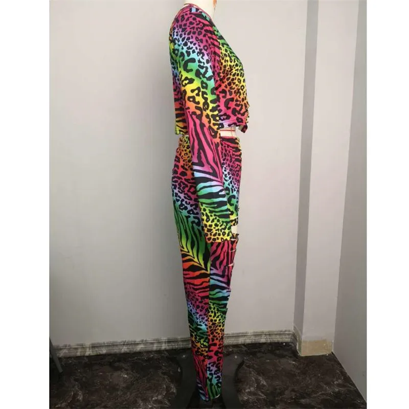 

Autumn Women Set Tie Dye Leopard Print Hollow Out Crop Tops Skinny Pencil Pants Suit Two Piece Set Elegant Tracksuit Streetwear