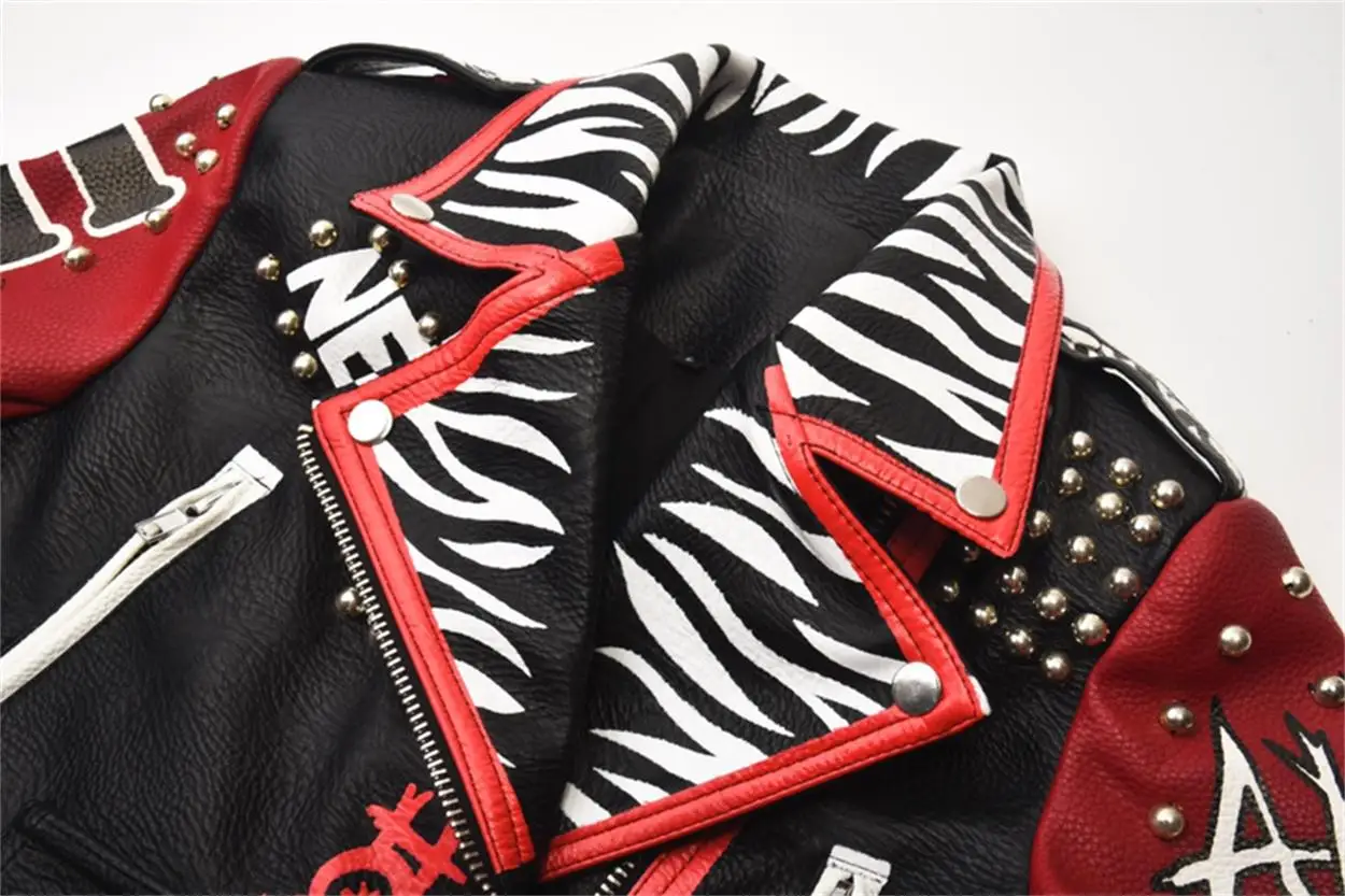 Autumn and winter new street zebra graffiti print short slim pu coat women's clothing