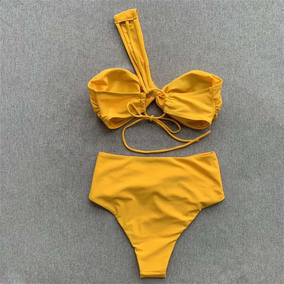 Женский купальник с высокой талией однотонный бикини одним плечом бандо бандаж