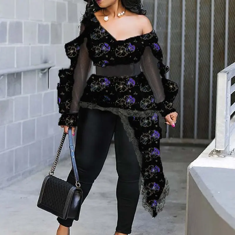 Женская блузка с длинным рукавом Irregual синяя/зеленая на одно плечо в африканском