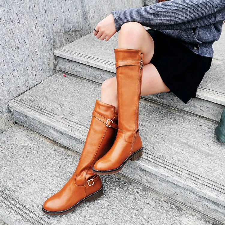 Сапоги женские выше колена ботфорты на молнии сбоку с ремешком и пряжкой высокие