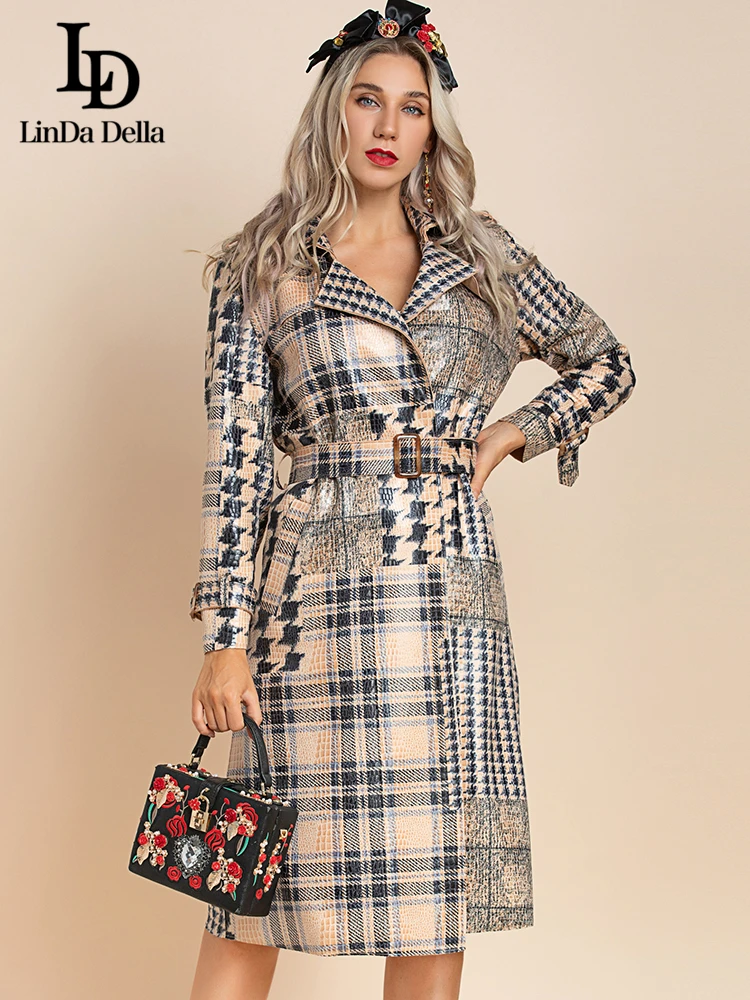 

LD LINDA DELLA, модное дизайнерское осенне-зимнее пальто, верхняя одежда для женщин, длинный рукав, пояс, узор "гусиные лапки", клетчатое длинное па...