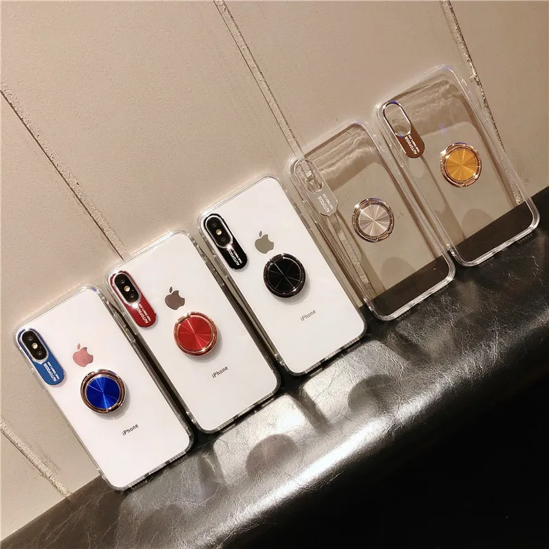 

Metal Acrylic Transparent Phone Case For iPhone 12 11 Pro Mini SE XS Max XR X 6 7 8 6s Plus 2020 Stand Finger Ring Bracket Cover