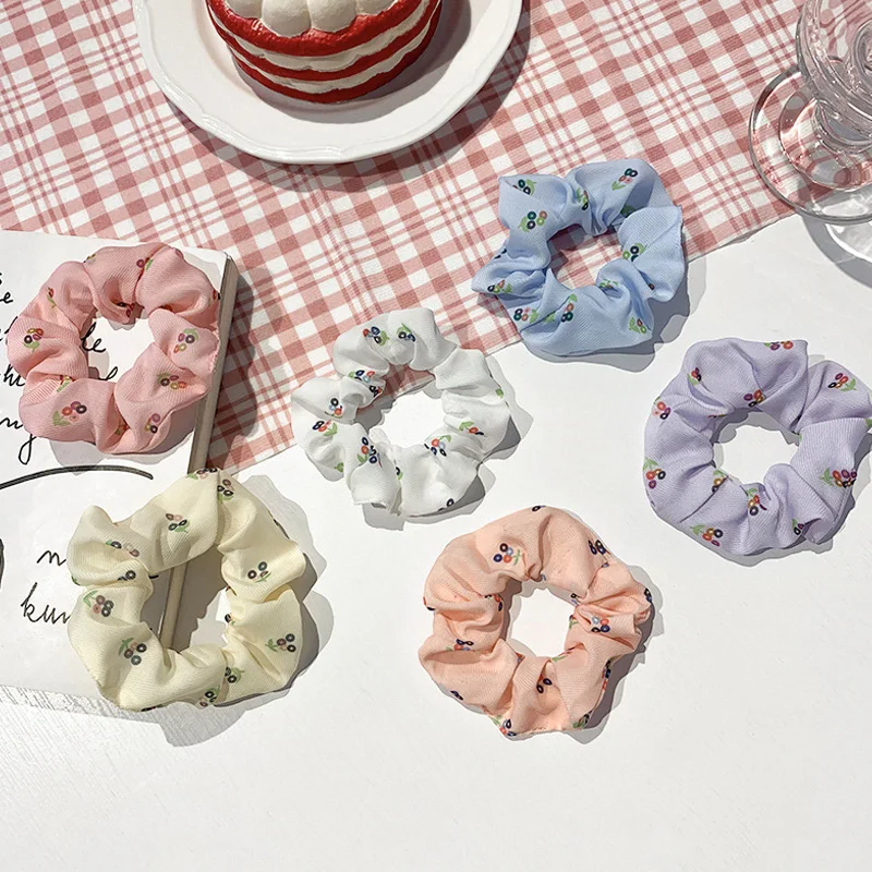 

Korean Sweet Cherry Print Scrunchies Hair Accessories For Women Girl Elastic Hair Ring Tie Ponytail Holder Rubber Hair Bands