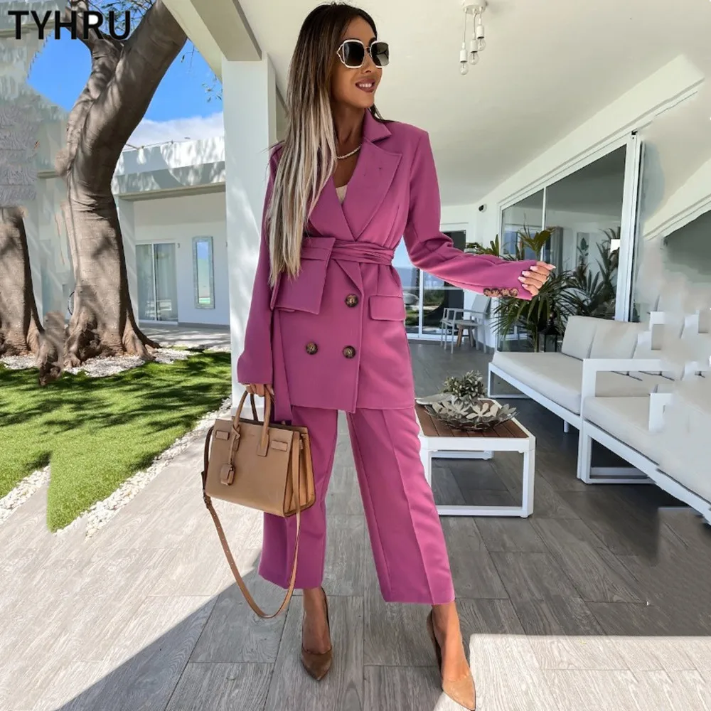

TYHRU Fashion Blazer Two-piece Sets Double breasted Women Blazer and trousers 2-piece suit