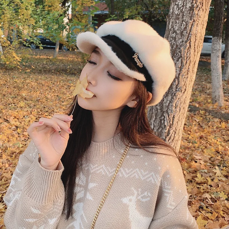 Autumn and winter imitation mink octagonal hat leisure versatile warm plush brim cap Winter hats for women