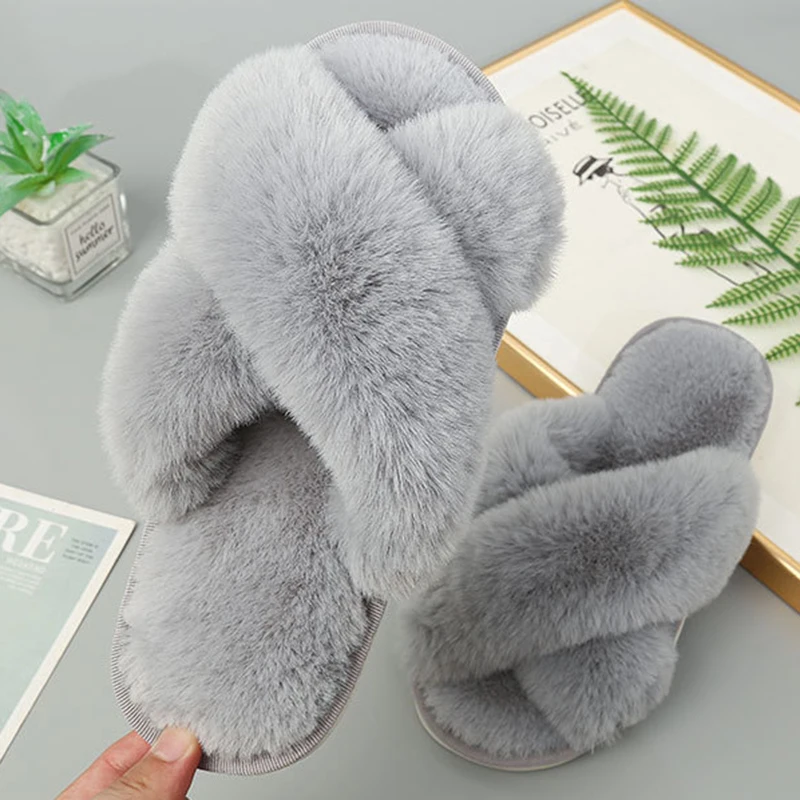 

Winter Women House Slippers Faux Fur Fashion Slip on Flats Female Slides Warm Plush Women's Shoes Comfortable Home Furry Slipper