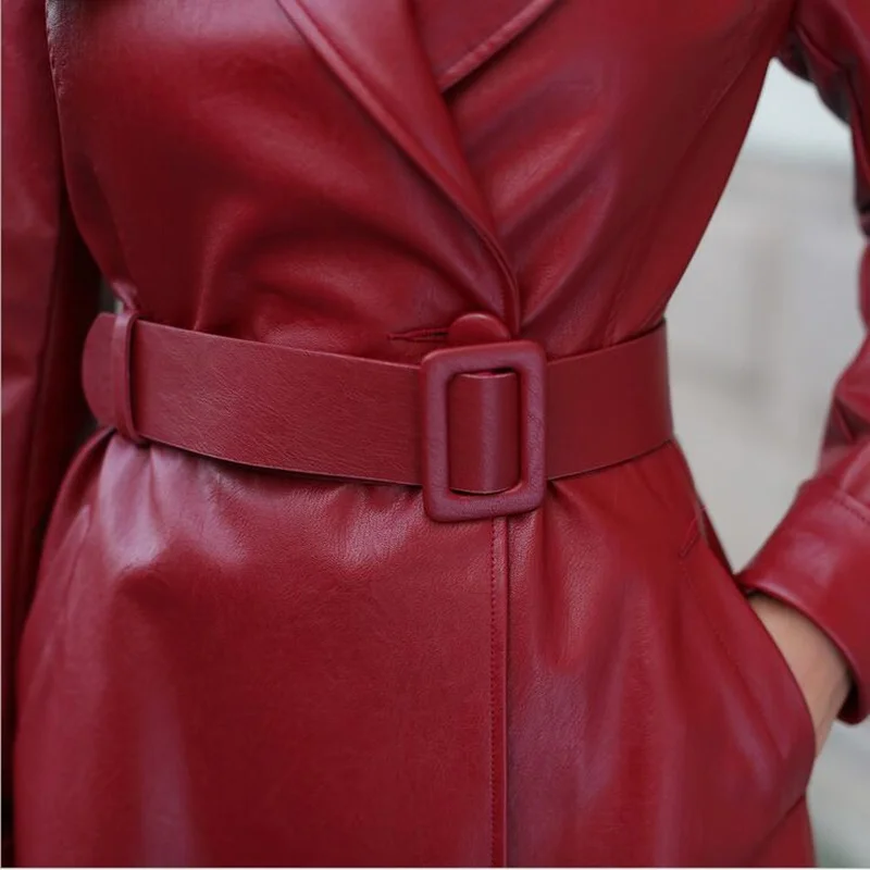 

Leather PU New Women's Fashion 2021 Autumn Windbreaker Slim Temperament Warm X long Jacket Trenchcoat black/red