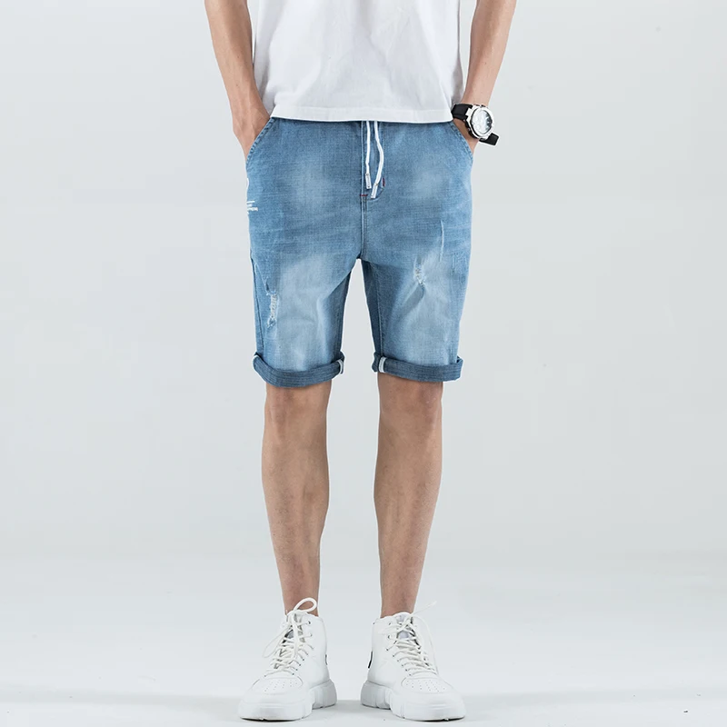 

Шорты мужские джинсовые с заниженной талией, модные штаны из тонкого денима с рюшами, повседневные короткие брюки стрейч, лето