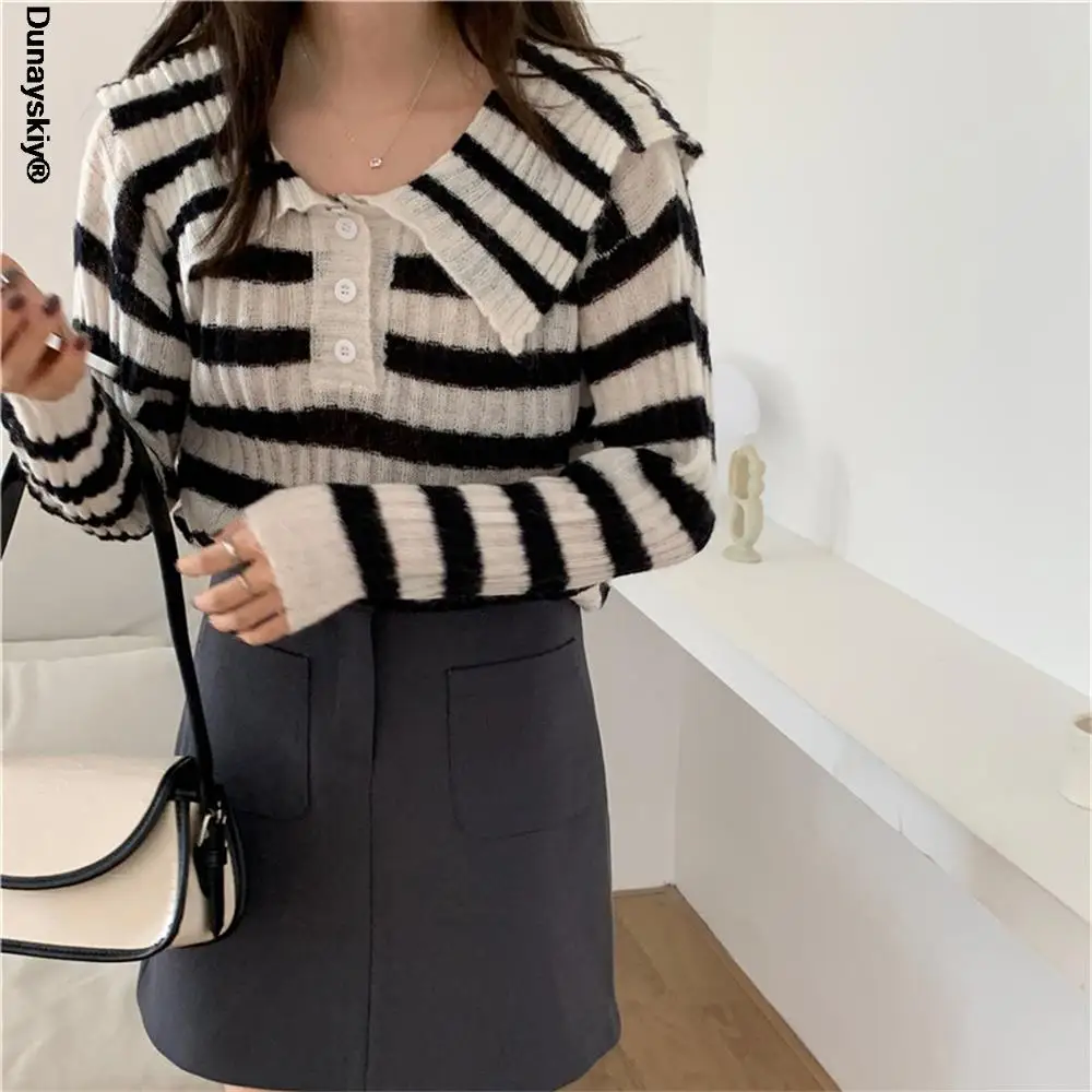 

Женский трикотажный топ в полоску, свободные пуловеры с матросским воротником, модная Корейская верхняя одежда в офисном стиле на осень, 2021