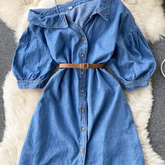 

2021 Spring New Arrivals Solid Color Puff Sleeve Lapel Collar Single Breasted Waist Slim Denim Suspender Dress