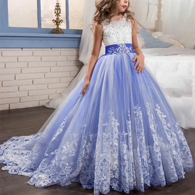 Royal Blue Винтажное платье принцессы на свадьбу; платья подружки невесты для детей; платье для первого причастия; праздничное платье для девочек; пышные Длинные платья со шлейфом для девочек - Цвет: Royal Blue