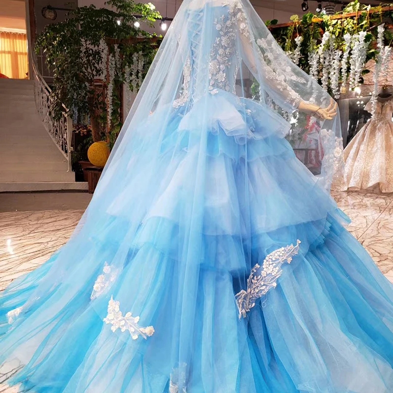 HTL842 blue muslim wedding dresses with bridal veil o-neck long sleeve green wedding gown lace color dress vestido de noiva azul