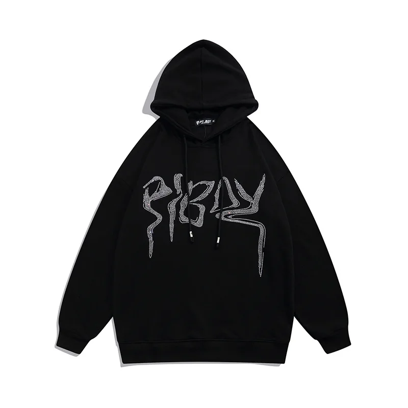 

Hip Hop Letter Drilling Hoodies Men Sweatshirt Coat Spring Autumn Cotton Casual Hooded Tops Streetwear