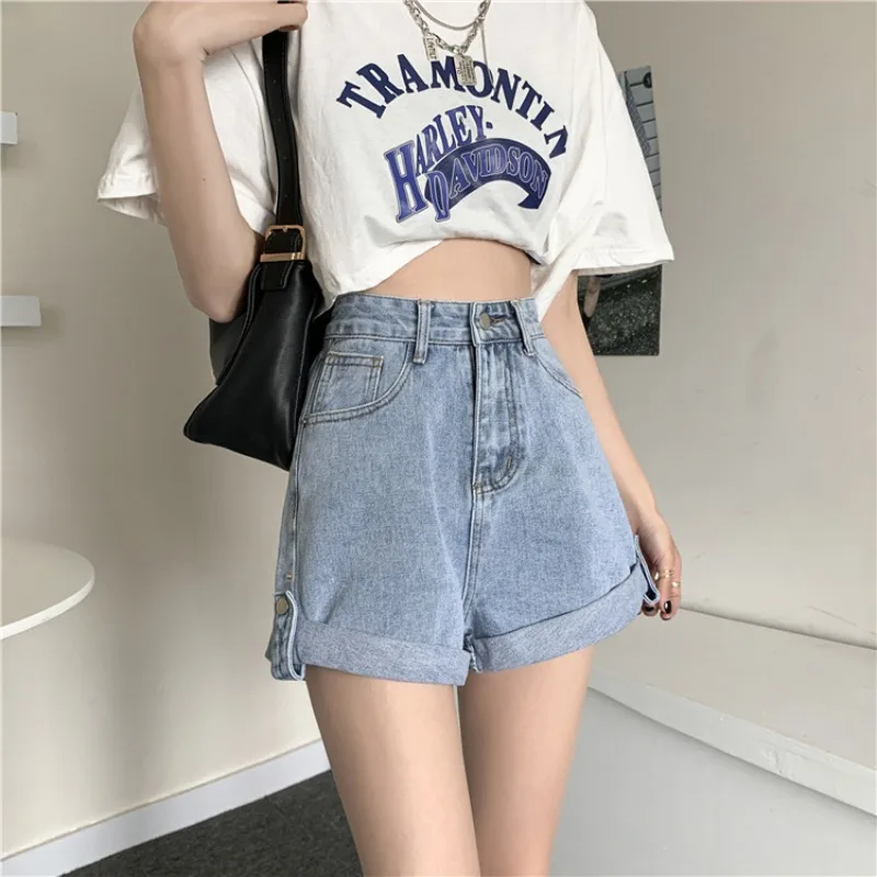 

Summer 2021 New Wide Leg Denim Shorts Women's Loose Thin Rolled Jeans Short Pants Casual Straight Retro High Waisted Shorts