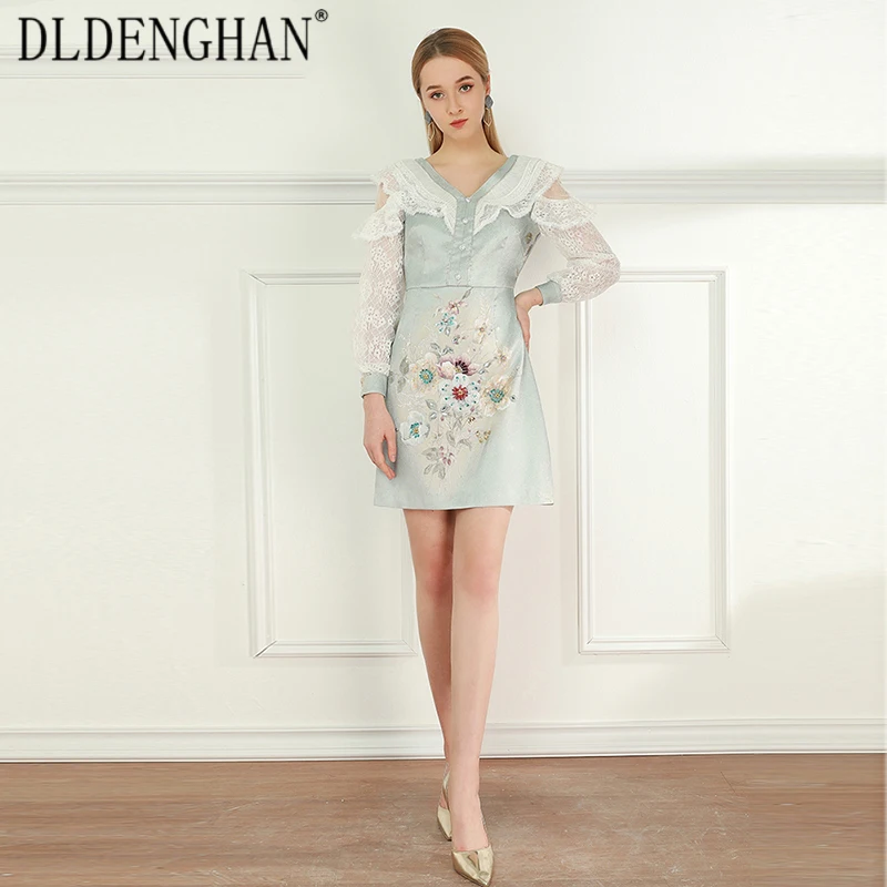 

DLINGHAN Fashion Floral Print Summer Dress Women's V-neck Lace Long sleeve Ruffles Beading Dresses Designer New