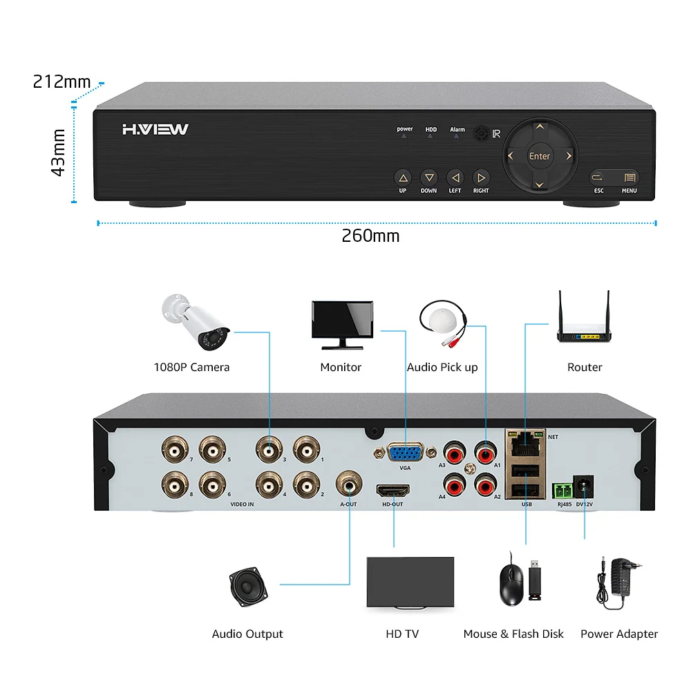 H.View 8CH CCTV система 1080P HDMI AHD DVR 8 шт. 2.0MP уличная инфракрасная камера видеонаблюдения