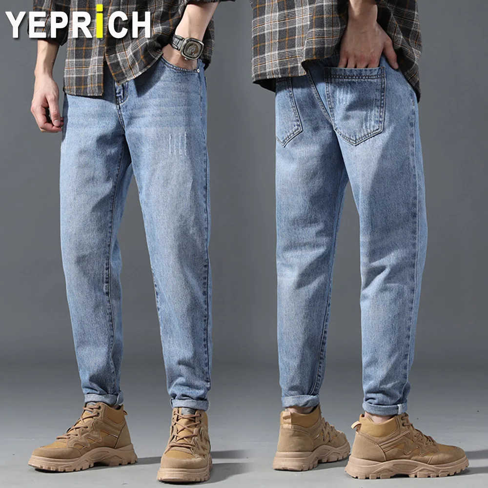 

Men Jeans Vintage Pants Casual Trousers Cotton Soft Straight Loose Baggy Harem Hip Hop Black-Gray Blue Denim Clothes