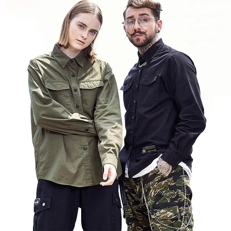 

New Cotton Cargo Shirts Men Fashion Loose Streetwear Hip Hop Men's Long Sleeve Shirt Military Letter Print Solid Tops Clothing