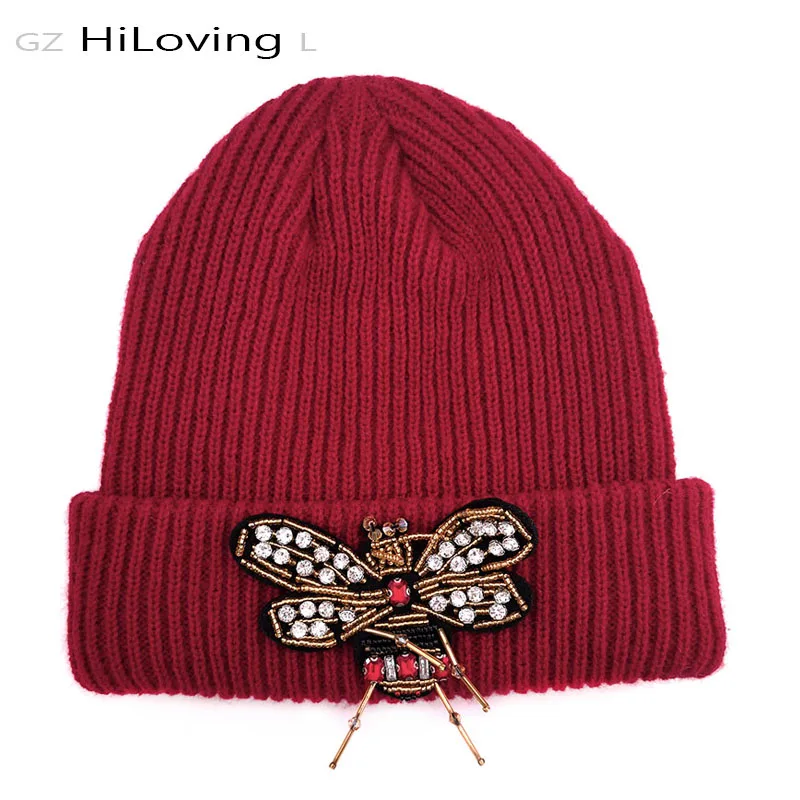 

Women Slouch Cotton Ribbed Beanies Hat for Winter Autumn Men Ladies Bee Rhinestone Knitted Skullies Beanies Cap Warm Bonnet Hat