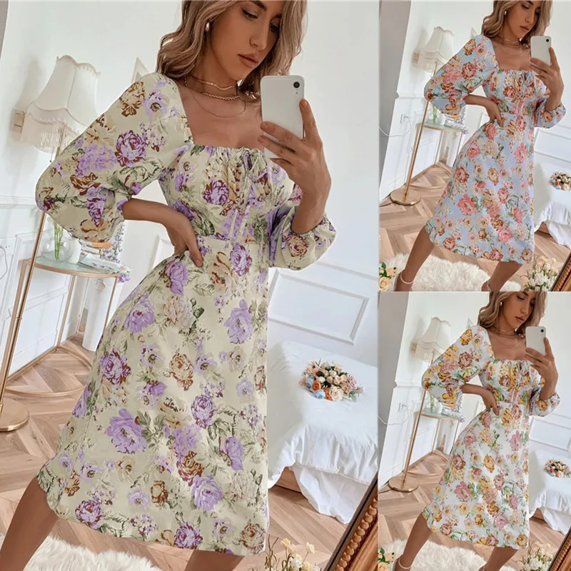 

Женское Повседневное платье с квадратным вырезом, летнее пляжное платье с длинным рукавом и принтом, модель C3354