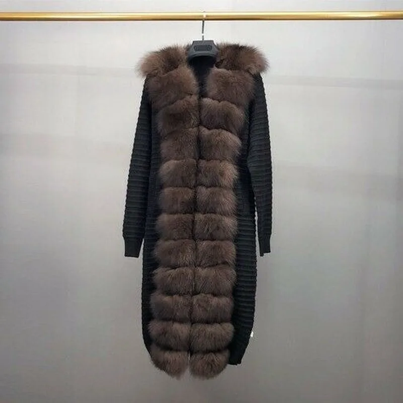 

Осенне-зимняя модная теплая длинная шуба из натурального Лисьего меха, женский шерстяной вязаный свитер, Женское пальто с меховой строчкой