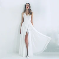 sexy high slit wedding dress halter sleeveless plain pleat a line chiffon bridal gowns open back floor length bride dresses