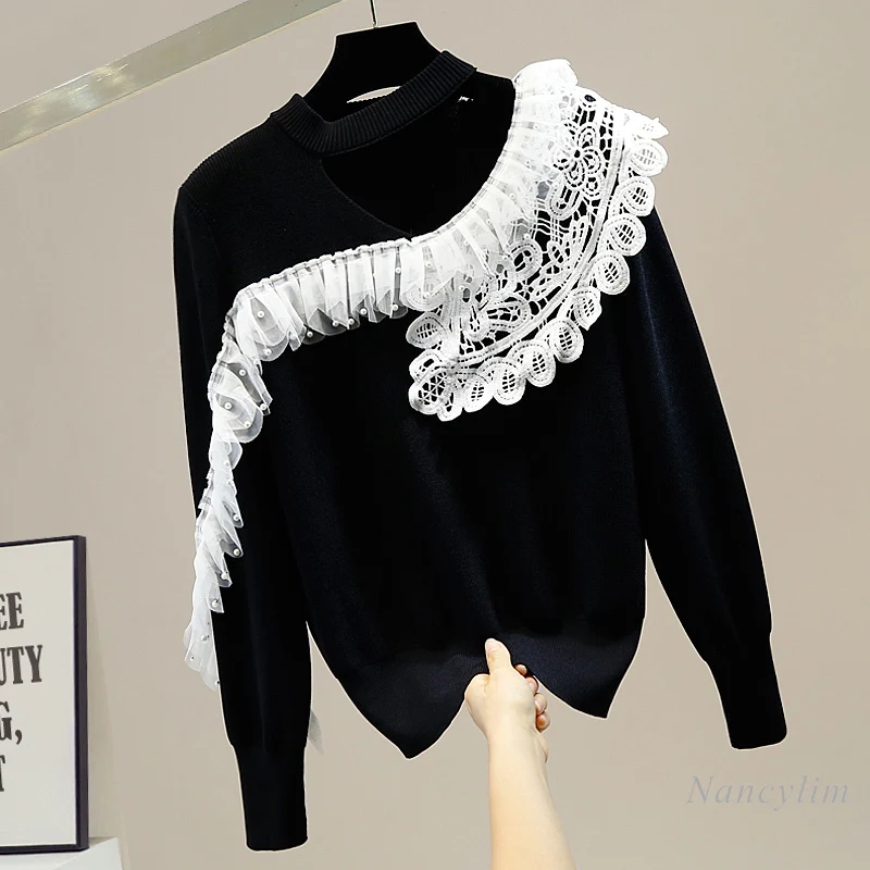 

Sexy Hollow Sweater for Women Beads Sweet Lace Stitching Pleated Lace Ruffles Pullover Knitwear Lady Chic Top White Black