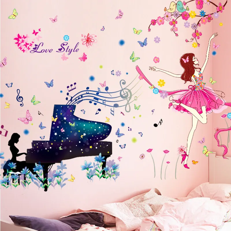 [SHIJUEHEZI] Ballet Dancer Girl Wall Stickers PVC Material DIY Flowers Bubbles Mural Decal for Kids Room Nursery Home Decoration