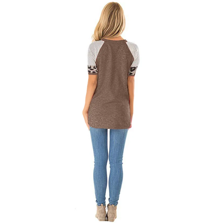 

Spring Summer New European American Cross-border Women's Round Neck Striped Leopard Stitching Short-sleeved T-shirt Women