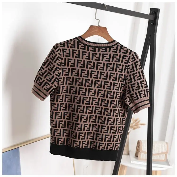 

Large size T-shirt round collar short sleeve ice silk knitting belt F relaxed joker unlined upper garment 2021 summer new fashio