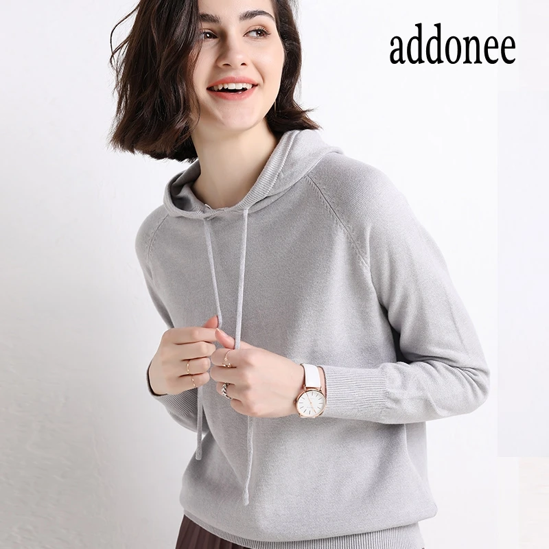 High Quality New Spring Autumn Winter Women Cashmere Knit Sweater Hooded Collar Pullovers Solid Color Sport Soft Casual Loose | Женская