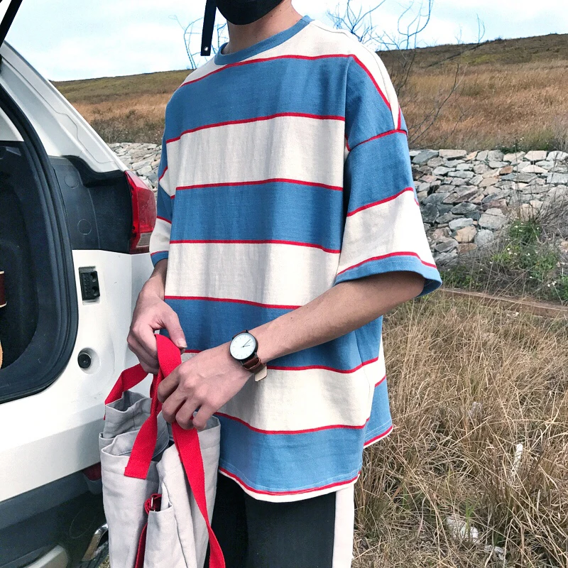 2020 Summer New Harajuku Korean Version Of The Ins Trend Loose Striped Printing Casual T-shirt Couple Models Cotton Large Size | Мужская