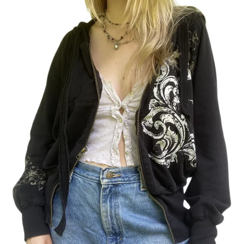 

Women\u2019s Full Zip Hoodies, Vintage Floral Print Long Sleeve Relaxed Fit Drawstring Sweatshirts