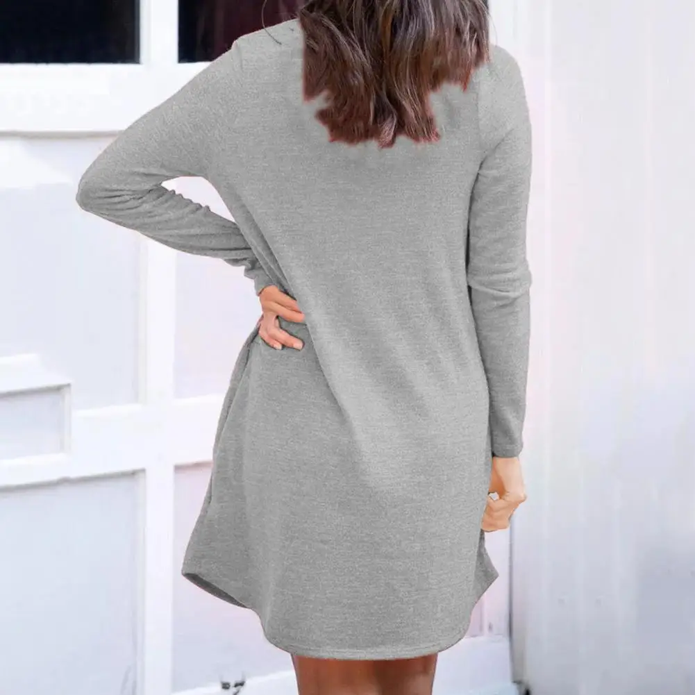 

Long Sleeve Popular V-Neck Solid Color Mini Dress Breathable Mini Dress Buttons for Home