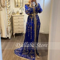 royal blue moroccan caftan evening dresses appliqued lace sweep train arabic muslim special occasion dresses bridal party gowns