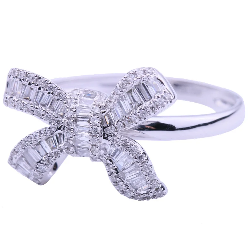 

OMHXZJ Wholesale European Fashion Woman Girl Party Birthday Wedding Gift Luxury Bowknot AAA Zircon 18KT White Gold Ring RR881