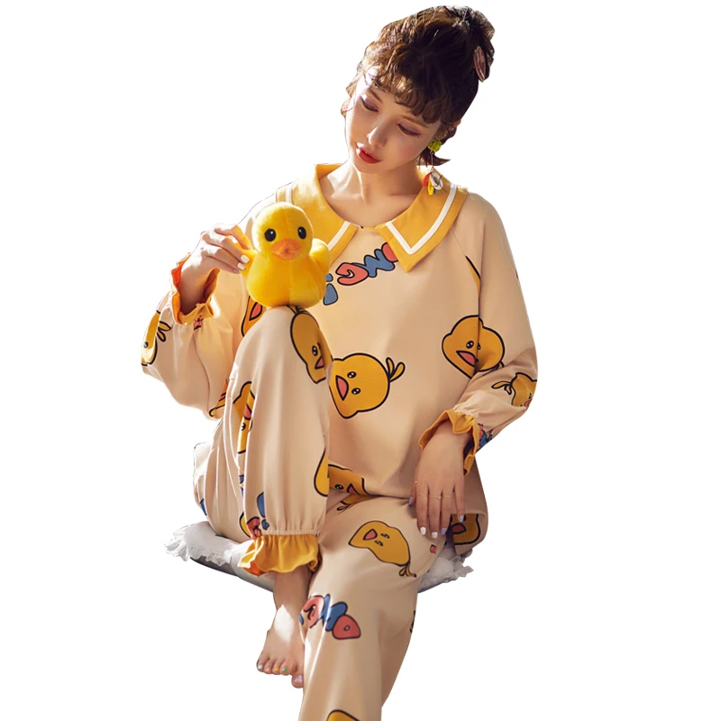 

Women Cotton Pajamas Set Cute Cartoon Sleepwear Turn-down Collar Pijama Mujer Home Flannel Sleepwear Fashion Homewear