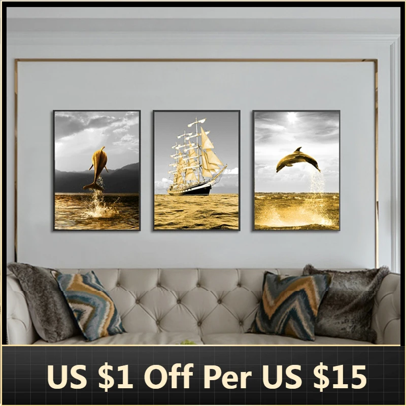 

Canvas Posters and Prints Ocean Landscape Sailing Boat Golden Ocean Life Dolphin Wall Art Wall Art Picture Decoration Home Decor