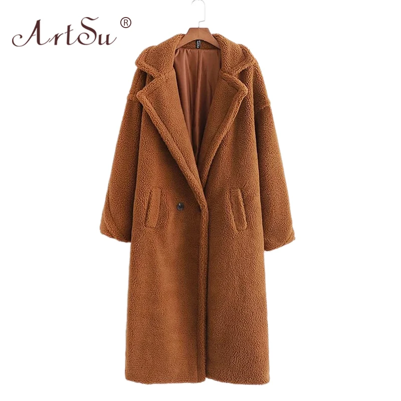 ArtSu 12 Color Fashion Women Winter Teddy Bear Coat Warm Long Sleeve Loose Lambswool Long Coat Christmas Faux Fur Teddy Coat