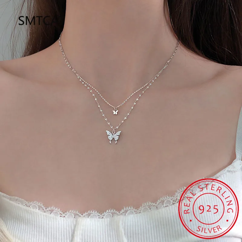 

925 Sterling Silver Double-layer Tassel Butterfly Pendant Necklace for Women Engagement Gift Fine Jewelry BSN308