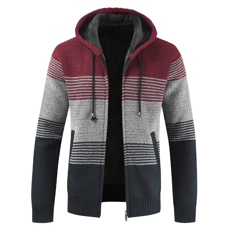 

Fad Winter Sweater Coat Men Thick Warm Hooded Cardigan Jumpers Men Striped Wool Liner Zipper Fleece Coats Men