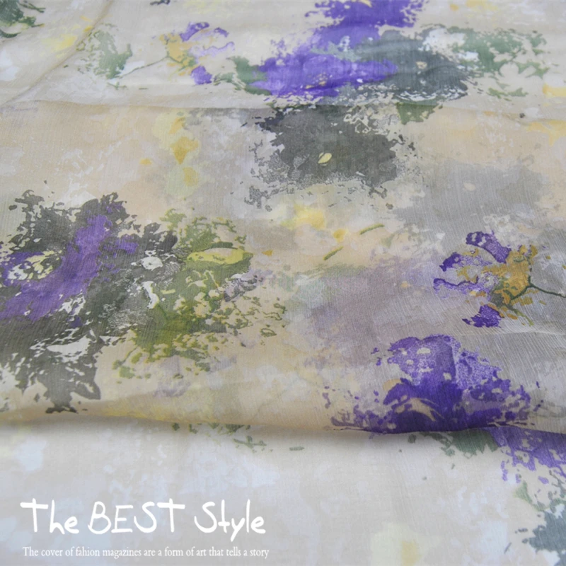 Silk Georgette Chiffon Fabric Dress Light Beige Large Flower Large Width 100%  Pleated  Thin  Skirt Scarf  DIY Patchwork Tissue