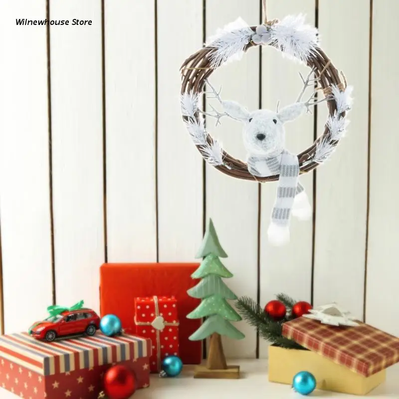 

F62A 11 Inches Christmas Elk Wreath Artificial Wreaths Front Door Wreath Wall Decoration Holiday Indoor Home Decor