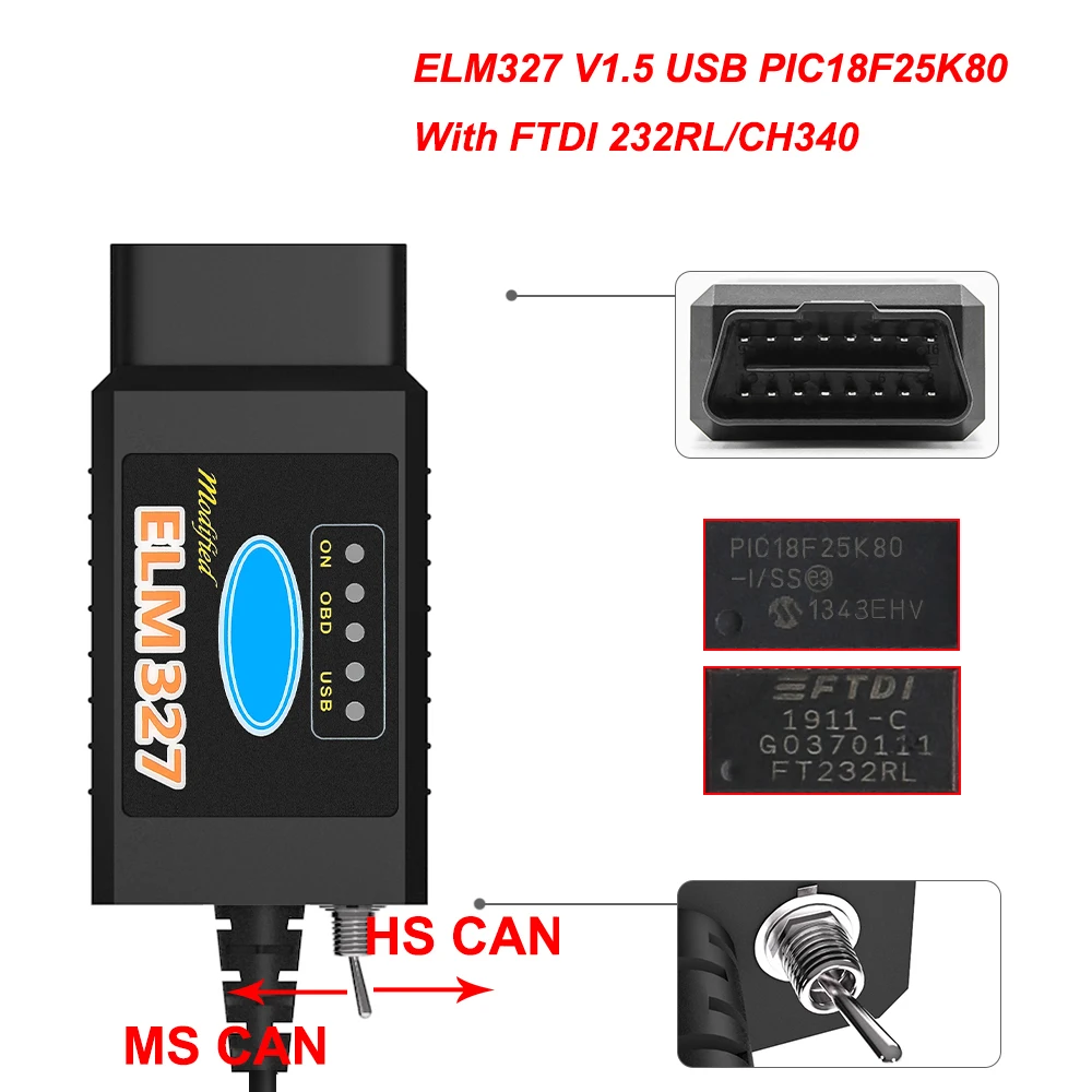 

ELM 327 V1.5 USB FORScan For Ford Car Diagnostic PIC18F25K80 FTDI/CH340 ELM327 V1.5 HS CAN/MS CAN OBD 2 OBD2 Scanner Auto Tool